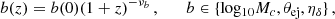 $$ \begin{aligned} b(z) = b(0) (1+z)^{-\nu _b} \, , \qquad b \in \{ \mathrm{log_{10}}M_c, \theta _{\rm ej}, \eta _{\delta }\} \, , \end{aligned} $$