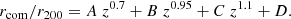 $$ \begin{aligned} r_{\rm com}/r_{200} = A~z^{0.7} + B~z^{0.95} + C~z^{1.1} + D. \end{aligned} $$