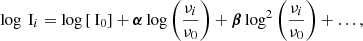 $$ \begin{aligned} \log \text{ I}_i = \log \left[ \text{ I}_0 \right] + \boldsymbol{\alpha }\log \left( \frac{\nu _i}{\nu _0} \right) + \boldsymbol{\beta }\log ^2 \left( \frac{\nu _i}{\nu _0} \right) + \ldots , \end{aligned} $$