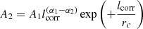 $ A_2 = A_1 l_{\mathrm{corr}}^{(\alpha_1-\alpha_2)} \exp \left(+\frac{l_{\mathrm{corr}}}{r_c}\right) $