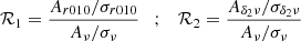 $$ \begin{aligned} \mathcal{R} _1 = \frac{A_{r010}/\sigma _{r010}}{A_\nu /\sigma _\nu } \quad ;\quad \mathcal{R} _2 = \frac{A_{\delta _2\nu }/\sigma _{\delta _2\nu }}{A_\nu /\sigma _\nu } \end{aligned} $$