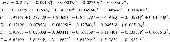 $$ \begin{aligned}&\log A= 0.21595 +0.09107\xi -0.05037\xi ^2-0.02739\xi ^3-0.00361\xi ^4 \, , \\&B= -0.20229 +0.17538\xi -0.14390\xi ^2-0.14534\xi ^3-0.04544\xi ^4-0.00480\xi ^5 \, , \\&C= 1.92161 +0.27712\xi +0.67368\xi ^2+0.81327\xi ^3+0.48946\xi ^4+0.13591\xi ^5+0.01373\xi ^6 \, , \\&D= 0.12120 -0.07852\xi +0.08995\xi ^2+0.12746\xi ^3+0.04556\xi ^4+0.00510\xi ^5 , \\&E= 0.95973 -0.02003\xi +0.09341\xi ^2+0.16775\xi ^3+0.11440\xi ^4+0.03367\xi ^5+0.00351\xi ^6 \, , \\&F= 6.62190 -3.84845\xi -3.11662\xi ^2-3.61394\xi ^3-1.54083\xi ^4-0.19834\xi ^5 \, . \end{aligned} $$