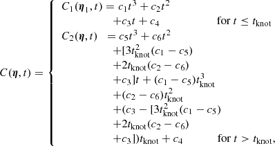 $$ \begin{aligned} C(\boldsymbol{\eta },t) = {\left\{ \begin{array}{ll} C_{1}(\boldsymbol{\eta }_{1},t) = c_{1} t^{3} + c_{2} t^{2}\\ \ \ \ \ \ \ \ \ \ \ \ \ \ \ \ \ \ \ + c_{3} t + c_{4} \ \ \ \ \ \ \ \ \ \ \ \ \ \ \ \ \ \ \ \text{ for} \ t \le t_{\mathrm{knot} }\\ C_{2}(\boldsymbol{\eta },t) \ \ = c_{5} t^{3} + c_{6} t^{2} \\ \ \ \ \ \ \ \ \ \ \ \ \ \ \ \ \ \ \ + [3t_{\mathrm{knot} }^{2}(c_{1}-c_{5}) \\ \ \ \ \ \ \ \ \ \ \ \ \ \ \ \ \ \ \ + 2t_{\mathrm{knot} }(c_{2}-c_{6})\\ \ \ \ \ \ \ \ \ \ \ \ \ \ \ \ \ \ \ + c_{3}] t + (c_{1}-c_{5}) t_{\mathrm{knot} }^{3}\\ \ \ \ \ \ \ \ \ \ \ \ \ \ \ \ \ \ \ + (c_{2}-c_{6}) t_{\mathrm{knot} }^{2} \\ \ \ \ \ \ \ \ \ \ \ \ \ \ \ \ \ \ \ + (c_{3}-[3t_{\mathrm{knot} }^{2}(c_{1}-c_{5})\\ \ \ \ \ \ \ \ \ \ \ \ \ \ \ \ \ \ \ + 2t_{\mathrm{knot} }(c_{2}-c_{6})\\ \ \ \ \ \ \ \ \ \ \ \ \ \ \ \ \ \ \ + c_{3}]) t_{\mathrm{knot} } + c_{4} \ \ \ \ \ \ \ \ \ \ \ \text{ for} \ t > t_{\mathrm{knot} }, \\ \end{array}\right.} \end{aligned} $$