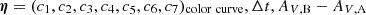 $ \boldsymbol{\eta} = (c_{1},c_{2},c_{3},c_{4},c_{5},c_{6},c_{7})_{\mathrm{color \ curve}},\Delta t, A_{V,\mathrm{B}}-A_{V,\mathrm{A}} $