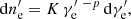 $$ \begin{aligned} \mathrm{d} n^{\prime }_{\rm e} = K \,\gamma ^\prime _{\rm e}~^{-p} \, {\mathrm{d} \gamma ^{\prime }_{\rm e}}, \end{aligned} $$