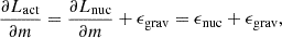 $$ \begin{aligned} \dfrac{\partial L_{\mathrm{act} }}{\partial m} = \dfrac{\partial L_{\mathrm{nuc} }}{\partial m} + \epsilon _{\mathrm{grav} } = \epsilon _{\mathrm{nuc} } +\epsilon _{\mathrm{grav} }, \end{aligned} $$