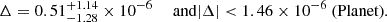 $$ \begin{aligned} \Delta&= 0.51^{+1.14}_{-1.28}\times 10^{-6}&\text{ and}&|\Delta | < 1.46\times 10^{-6} \; \text{(Planet)}. \end{aligned} $$