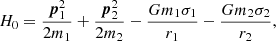 $$ \begin{aligned} H_0&= \frac{{\boldsymbol{p}}_1^2}{2m_1} + \frac{{\boldsymbol{p}}_2^2}{2m_2} - \frac{Gm_1\sigma _1}{r_1} - \frac{Gm_2\sigma _2}{r_2}, \end{aligned} $$