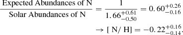 $$ \begin{aligned} \frac{{\text{ Expected} \text{ Abundances} \text{ of} \text{ N}}}{{\text{ Solar} \text{ Abundances} \text{ of} \text{ N}}}&= \frac{1}{1.66^{+0.61}_{-0.50}}=0.60^{+0.26}_{-0.16}\nonumber \\&\rightarrow [\text{ N}/\text{ H}]=-0.22^{+0.16}_{-0.14}. \end{aligned} $$