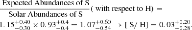 $$ \begin{aligned}&\frac{{\text{ Expected} \text{ Abundances} \text{ of} \text{ S}}}{{\text{ Solar} \text{ Abundances} \text{ of} \text{ S}}}(\text{ with} \text{ respect} \text{ to} \text{ H})= \nonumber \\&1.15^{+0.40}_{-0.30}\times 0.93^{+0.4}_{-0.4}=1.07^{+0.60}_{-0.54} \rightarrow [\text{ S}/\text{ H}]=0.03^{+0.20}_{-0.28}. \end{aligned} $$