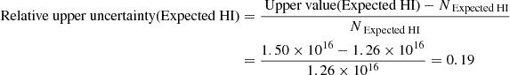 $$ \begin{aligned} \text{ Relative} \text{ upper} \text{ uncertainty} \text{(Expected} \text{ HI)}&= \frac{{\text{ Upper} \text{ value} \text{(Expected} \text{ HI)}} - N_{\text{ Expected} \text{ HI}}}{N_{\text{ Expected} \text{ HI}}} \nonumber \\&= \frac{1.50 \times 10^{16} - 1.26 \times 10^{16}}{1.26 \times 10^{16}} = 0.19 \end{aligned} $$