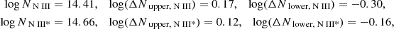 $$ \begin{aligned} \log N_{{{\text{ N}}{\small {{\text{ III}}}}}}&= 14.41, \quad \log (\Delta N_{\text{ upper}, {\text{ N}}{\small {{\text{ III}}}}})= 0.17, \quad \log (\Delta N_{\text{ lower}, {\text{ N}}{\small {{\text{ III}}}}})= -0.30, \nonumber \\ \log N_{{{\text{ N}}{\small {{\text{ III*}}}}}}&= 14.66,\quad \log (\Delta N_{\text{ upper}, {\text{ N}}{\small {{\text{ III*}}}}})= 0.12,\quad \log (\Delta N_{\text{ lower}, {\text{ N}}{\small {{\text{ III*}}}}})= -0.16, \end{aligned} $$