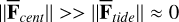 $\left\| {{{\overline {\bf{F}} }_{{\rm{cent }}}}} \right\| \gg > \left\| {{{\overline {\bf{F}} }_{{\rm{tide }}}}} \right\| \approx 0$