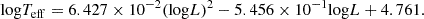 $$ \begin{aligned} \mathrm{log}T_{\rm eff} = 6.427\times 10^{-2} (\mathrm{log}L)^2 -5.456\times 10^{-1}\mathrm{log}L+4.761. \end{aligned} $$