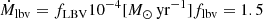 $$ \begin{aligned} \dot{M}_{\rm lbv}=f_{\text{LBV}} 10^{-4}[M_\odot \,\mathrm{yr}^{-1}] f_{\rm lbv} = 1.5 \end{aligned} $$