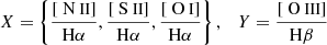 $$ \begin{aligned} X = \left\{ \frac{[{\text{ N}}{\small { {\text{ II}}}}]}{\mathrm{H}\alpha }, \frac{[{\text{ S}}{\small { {\text{ II}}}}]}{\mathrm{H}\alpha },\frac{[{\text{ O}}{\small {{\text{ I}}}}]}{\mathrm{H}\alpha } \right\} , \quad Y = \frac{[{\text{ O}}{\small { {\text{ III}}}}]}{\mathrm{H}\beta } \end{aligned} $$