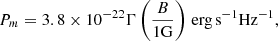 $$ \begin{aligned} P_m=3.8\times 10^{-22}\Gamma \left(\frac{B}{\mathrm{1 G}}\right) \,\mathrm{erg\,s}^{-1}\mathrm{Hz}^{-1}, \end{aligned} $$