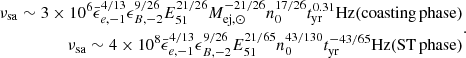 $$ \begin{aligned} {\begin{aligned} \nu _{\rm sa}\sim 3\times 10^6 {\bar{\epsilon }_{e,-1}}^{4/13}\epsilon _{B,-2}^{9/26}E_{51}^{21/26}M_{\mathrm{ej},\odot }^{-21/26}n_0^{17/26}t_{\rm yr}^{0.31}\mathrm{Hz} (\mathrm{coasting\, phase}) \\ \nu _{\rm sa}\sim 4\times 10^8 {\bar{\epsilon }_{e,-1}}^{4/13}\epsilon _{B,-2}^{9/26}E_{51}^{21/65}n_0^{43/130}t_{\rm yr}^{-43/65}\mathrm{Hz} (\mathrm{ST\, phase}) \end{aligned}} .\end{aligned} $$