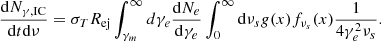 $$ \begin{aligned} \frac{\mathrm{d}N_{{\gamma },\mathrm {IC}}}{\mathrm{d}t\mathrm{d}\nu }=\sigma _TR_{\mathrm{ej}}\int _{\gamma _m}^{\infty }d\gamma _e\frac{\mathrm{d}N_e}{\mathrm{d}\gamma _e}\int _0^{\infty }\mathrm{d}\nu _s g(x)f_{\nu _s}(x)\frac{1}{4\gamma _e^2\nu _s} .\end{aligned} $$