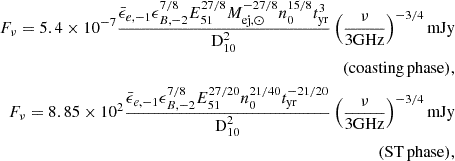 $$ \begin{aligned} \begin{aligned} F_{\nu }=5.4\times 10^{-7}\frac{{\bar{\epsilon }_{e,-1}}\epsilon _{B,-2}^{7/8}E_{51}^{27/8}M_{\mathrm{ej},\odot }^{-27/8}n_0^{15/8}t_{\rm yr}^{3}}{\mathrm D_{10}^2}\left(\frac{\nu }{\mathrm{3 GHz}}\right)^{-3/4} \mathrm{mJy}\\ {(\mathrm {coasting\, phase})},\\ F_{\nu }=8.85\times 10^2 \frac{{\bar{\epsilon }_{e,-1}}\epsilon _{B,-2}^{7/8}E_{51}^{27/20}n_0^{21/40}t_{\rm yr}^{-21/20}}{\mathrm D_{10}^2}\left(\frac{\nu }{\mathrm{3 GHz}}\right)^{-3/4} \mathrm{mJy}\\ {(\mathrm{ST}\, \mathrm{phase})}, \end{aligned} \end{aligned} $$