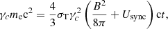 $$ \begin{aligned} \gamma _c m_{\rm e}\mathrm{c^2}=\frac{4}{3}\sigma _{\rm T}\gamma _c^2\left(\frac{B^2}{8\pi }+U_{\rm sync}\right)\mathrm{c}t ,\end{aligned} $$