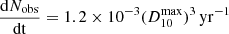 $ \frac{\mathrm{d}N_{\mathrm{obs}}}{\mathrm{dt}}=1.2\times 10^{-3}(D_{\mathrm{10}}^{\mathrm{max}})^3\,\mathrm{yr^{-1}} $
