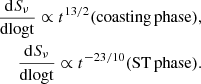 $$ \begin{aligned} \begin{aligned} \frac{\mathrm{d}S_{\nu }}{\mathrm{dlogt}}\propto t^{13/2} (\mathrm{coasting\, phase}), \\ \frac{\mathrm{d}S_{\nu }}{\mathrm{dlogt}}\propto t^{-23/10} (\mathrm{ST\, phase}). \end{aligned} \end{aligned} $$