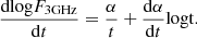 $$ \begin{aligned} \frac{\mathrm{dlog}F_{\rm 3 GHz}}{\mathrm{d}t}=\frac{\alpha }{t}+\frac{\mathrm{d}\alpha }{\mathrm{d}t}\mathrm{log t} .\end{aligned} $$
