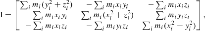 $$ \mathrm I = \begin{bmatrix} \sum _{i} m_i (y_i^2 + z_i^2)&-\sum _{i} m_i x_i y_i&-\sum _{i} m_i x_i z_i \\ -\sum _{i} m_i x_i y_i&\sum _{i} m_i (x_i^2 + z_i^2)&-\sum _{i} m_i y_i z_i \\ -\sum _{i} m_i x_i z_i&-\sum _{i} m_i y_i z_i&\sum _{i} m_i (x_i^2 + y_i^2) \end{bmatrix}, $$
