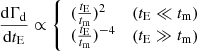 $$ \begin{aligned} \frac{\mathrm{d} \Gamma _{\mathrm{d}}}{\mathrm{d} t_{\mathrm{E}}}&\propto {\left\{ \begin{array}{ll} (\frac{t_{\rm E}}{t_{\rm m}})^2&\left(t_{\rm E} \ll t_{\rm m} \right) \\ (\frac{t_{\rm E}}{t_{\rm m}})^{-4}&\left(t_{\rm E} \gg t_{\rm m} \right) \end{array}\right.} \end{aligned} $$