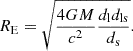 $$ \begin{aligned} R_{\rm E} = \sqrt{\frac{4GM}{c^2}\frac{d_{\rm l} d_{\mathrm{ls}}}{d_{\rm s}}} . \end{aligned} $$