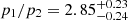 $ p_{1}/p_{2} = 2.85_{-0.24}^{+0.23} $
