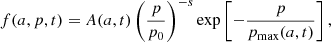 $$ \begin{aligned} f (a,p,t) = A (a,t) \left(\frac{p}{p_0}\right)^{-s} \exp \left[-\frac{p}{{p_{\rm max}(a,t)}}\right], \end{aligned} $$
