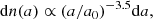 $$ \begin{aligned} \mathrm{d}n (a) \propto (a/a_0)^{-3.5} \mathrm{d}a, \end{aligned} $$
