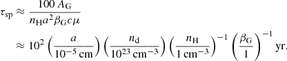 $$ \begin{aligned} \tau _{\rm sp}&\approx \frac{100\,A_{\rm G}}{n_{\rm H} a^2 \beta _{\rm G}c \mu }\nonumber \\&\approx 10^2 \left(\frac{a}{10^{-5}\,\mathrm{cm}}\right) \left(\frac{n_{\rm d}}{10^{23}\,\mathrm{cm}^{-3}}\right) \left(\frac{n_{\rm H}}{1\,\mathrm{cm}^{-3}}\right)^{-1} \left(\frac{\beta _{\rm G}}{1}\right)^{-1} \mathrm{yr}. \end{aligned} $$
