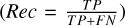 $\left( {{\rm{ }}Rec{\rm{ }} = {{TP} \over {TP + FP}}} \right)$