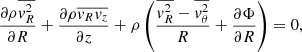 $$ \begin{aligned} \frac{\partial \rho \overline{v^2_R}}{\partial R} + \frac{\partial \rho \overline{v_R v_z}}{\partial z} + \rho \left(\frac{\overline{v^2_R} - \overline{v^2_\theta }}{R} + \frac{\partial \Phi }{\partial R}\right) = 0, \end{aligned} $$