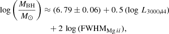 $$ \begin{aligned} \log \left(\frac{M_{\rm BH}}{M_{\odot }}\right) &\approx (6.79 \pm 0.06) + {0.5 }\,(\log \,L_{3000,44}) \nonumber \\& \quad +2\,\log \,(\mathrm{FWHM}_{\mathrm{Mg}\,{ii }}), \end{aligned} $$