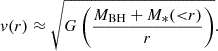 $$ \begin{aligned} v(r) \approx \sqrt{G \left(\frac{M_{\rm BH}+M_{*}({ < }r)}{r}\right)} . \end{aligned} $$