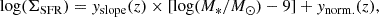 $$ \begin{aligned} \log (\Sigma _{\rm SFR})={ y}_{\rm slope}(z) \times [\log (M_{*}/M_{\odot }) -9] + { y}_{\rm norm.}(z), \end{aligned} $$