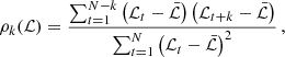 $$ \begin{aligned} \rho _k(\mathcal{L} ) = \frac{\sum ^{N-k}_{t = 1}\left(\mathcal{L} _t-\bar{\mathcal{L} }\right)\left(\mathcal{L} _{t+k}-\bar{\mathcal{L} }\right)}{\sum ^{N}_{t = 1}\left(\mathcal{L} _t-\bar{\mathcal{L} }\right)^2}\,, \end{aligned} $$
