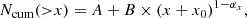 $$ \begin{aligned} N_{\mathrm{cum} } ({>}x) = A+B\times (x+x_{0})^{1-\alpha _x}, \end{aligned} $$