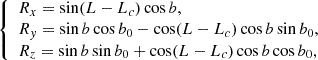 $$ \begin{aligned} \left\{ \begin{array}{l} R_{x}=\sin (L-L_{c})\cos b, \\ R_{y}=\sin b\cos b_{0}-\cos (L-L_{c})\cos b\sin b_{0}, \\ R_{z}=\sin b\sin b_{0}+\cos (L-L_{c})\cos b\cos b_{0}, \end{array} \right. \ \end{aligned} $$
