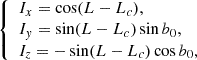 $$ \begin{aligned} \left\{ \begin{array}{l} I_{x}=\cos (L-L_{c}), \\ I_{y}=\sin (L-L_{c})\sin b_{0}, \\ I_{z}=-\sin (L-L_{c})\cos b_{0}, \end{array} \right. \end{aligned} $$