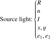 $\[\text { Source light: }\left\{\begin{array}{l}R \\n \\I \\x, y \\e_1, e_2\end{array}\right.\]$