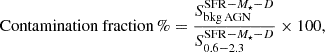 $$ \begin{aligned} {\text{ Contamination} \text{ fraction}} \,\% = \frac{S^{\mathrm{SFR} -{M}_{\star }-{D}}_{\rm bkg\,AGN}}{S^{\mathrm{SFR} -{M}_{\star }-{D}}_{0.6-2.3}} \times 100 , \end{aligned} $$