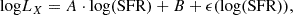 $$ \begin{aligned} \mathrm{log}L_{X} = A\cdot \log (\mathrm{SFR}) + B + \epsilon (\log (\mathrm{SFR})) , \end{aligned} $$