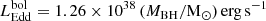 $$ \begin{aligned} L_{\rm Edd}^\mathrm{bol} = 1.26\times 10^{38} \, ({M_{\rm BH}/\mathrm{M}_{\odot }})\,\mathrm{erg\,s}^{-1} \end{aligned} $$