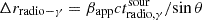 $ \Delta r_{\mathrm{radio-\gamma}} = \beta_{\mathrm{app}} c t^{\mathrm{sour}}_{\mathrm{radio, \gamma}} / {\sin{\theta}} $