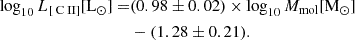 $$ \begin{aligned} \log _{10} L_{[{\text{ C}}{\small { {\text{ II}}}}]} [\mathrm{L_{\odot }}] =&(0.98 \pm 0.02)\times \log _{10} M_{\rm mol} [\mathrm{M_{\odot }}]\nonumber \\&-(1.28\pm 0.21). \end{aligned} $$